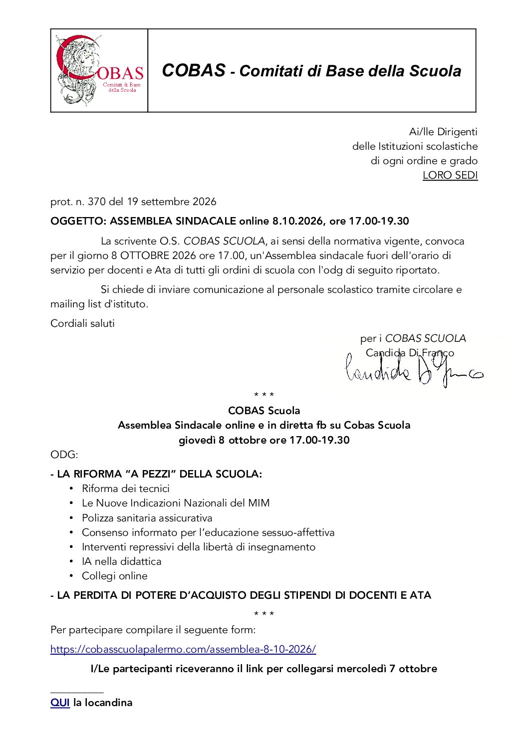 COBAS – Comitati di Base della Scuola -ASSEMBLEA SINDACALE online 8.10.2026, ore 17.00-19.30