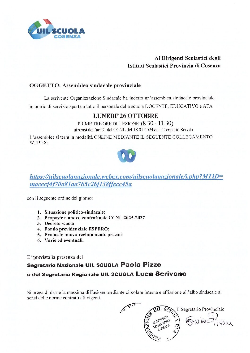 convocazione assemblea sindacale 26/10/2026 (Lunedì)  Sindacato UIL SCUOLA  in orario scolastico  dalle ore 8:30 alle ore 11:30